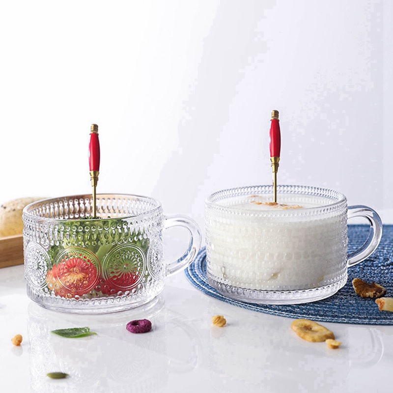 Cốc Uống Cà Phê Bằng Thủy Tinh Dập Nổi Họa Tiết Cổ Điển Có Tay Cầm Có Thể Xếp Chồng Lên Nhau