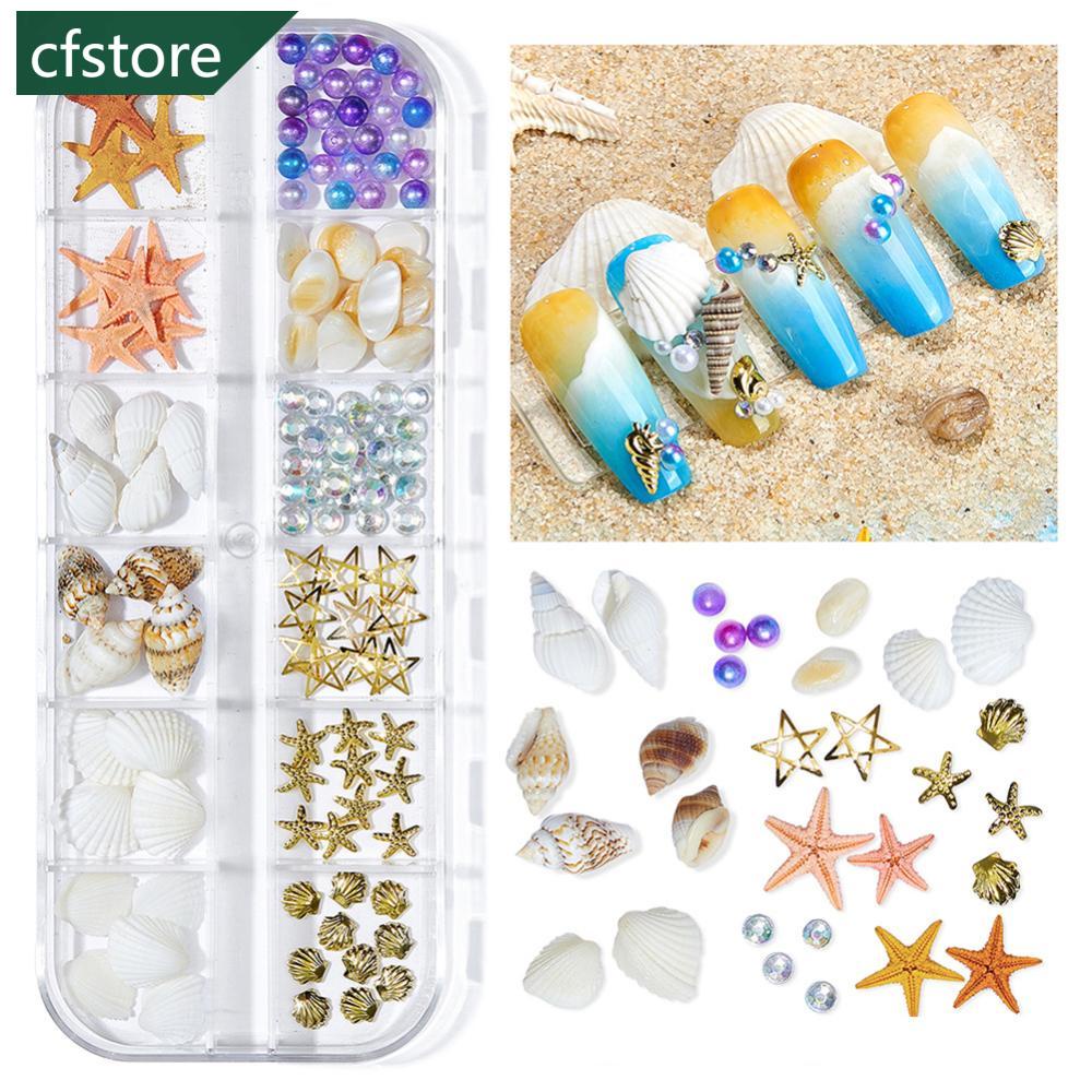 Bộ 12 Hộp Phụ Kiện Trang Trí Móng Tay Nghệ Thuật Mẫu Vỏ Sò / Sao Biển / Ngọc Trai / Sao Biển Bằng Kim Loại E9I4