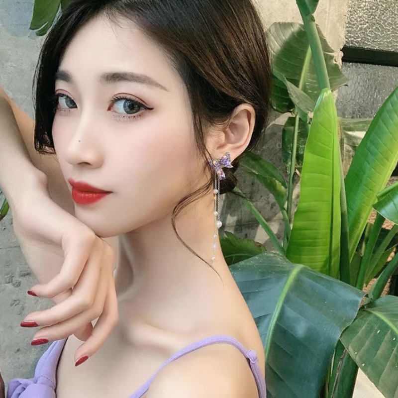 Bông Tai Tua Rua Hình Bướm Màu Tím Đính Đá Pha Lê Hai Chiều Phong Cách Hàn Quốc Dễ Thương Cho Nữ