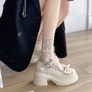 Giày Búp Bê Đế Dày Mũi Vuông Đính Nơ Ngọc Trai Phong Cách Lolita