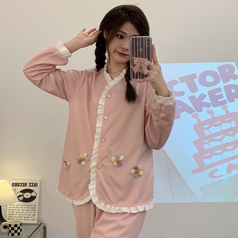 Bộ Đồ Ngủ Cotton Tay Dài Cổ Chữ V Phong Cách Hàn Quốc Thời Trang Mùa Xuân Mới Cho Nữ