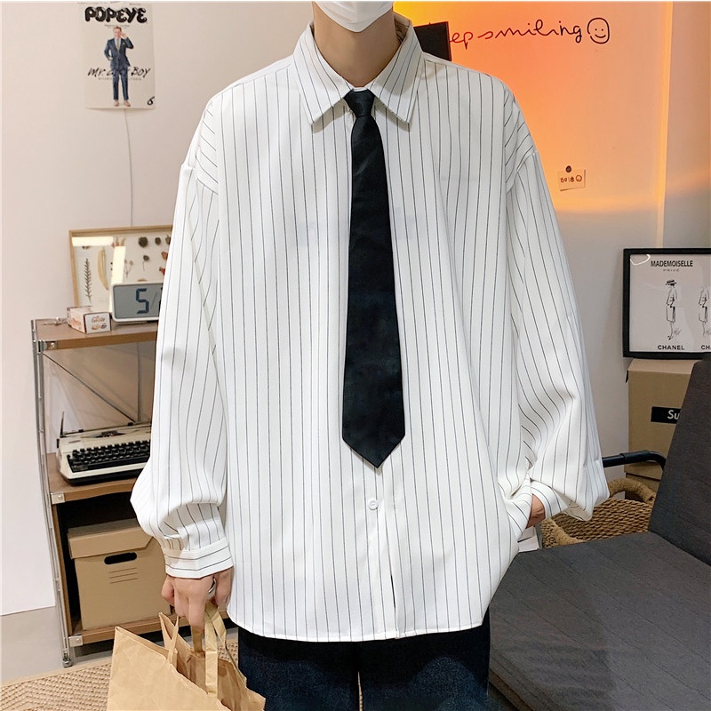 Áo Sơ Mi Nam Dài Tay Dáng Rộng Họa Tiết Kẻ Sọc Phong Cách Hong Kong Nhật Bản Thời Trang Mùa Hè
