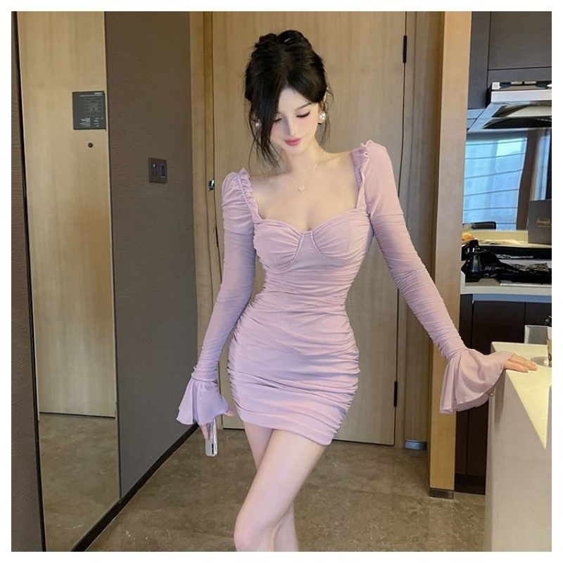 New pure style tight long-sleeved dress mesh with chest pad square collar tight skirt horn sleeve pleated hip sexy skirt