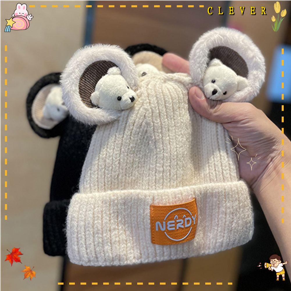 Mũ Beanie Đính Bóng Lông Màu Trơn Co Giãn Giữ Ấm Mùa Đông In Hình Gấu Hoạt Hình