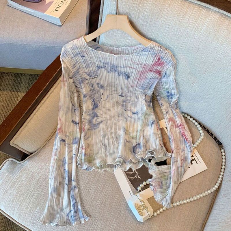 Áo Sơ Mi Chiffon Tay Dài Xếp Ly Nhuộm Màu Retro Thời Trang Mùa Hè Cho Nữ