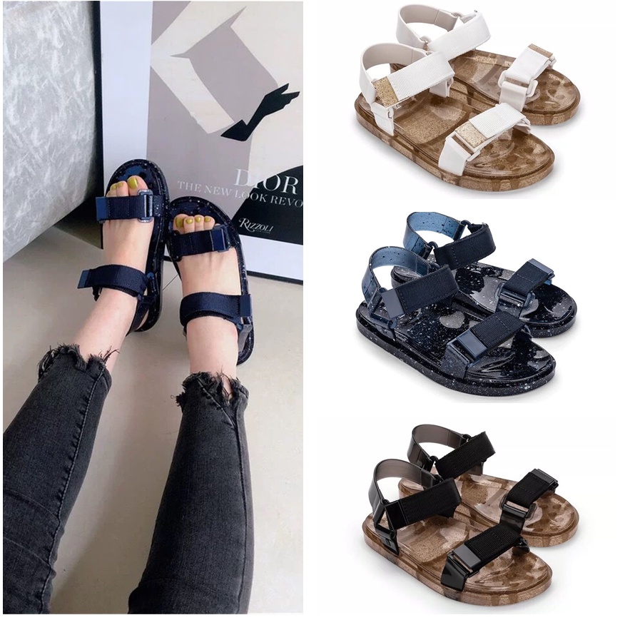 Melissa Giày Sandal Jelly Đế Bằng Quai Dệt Chống Nước Phong Cách Roman Cho Nữ