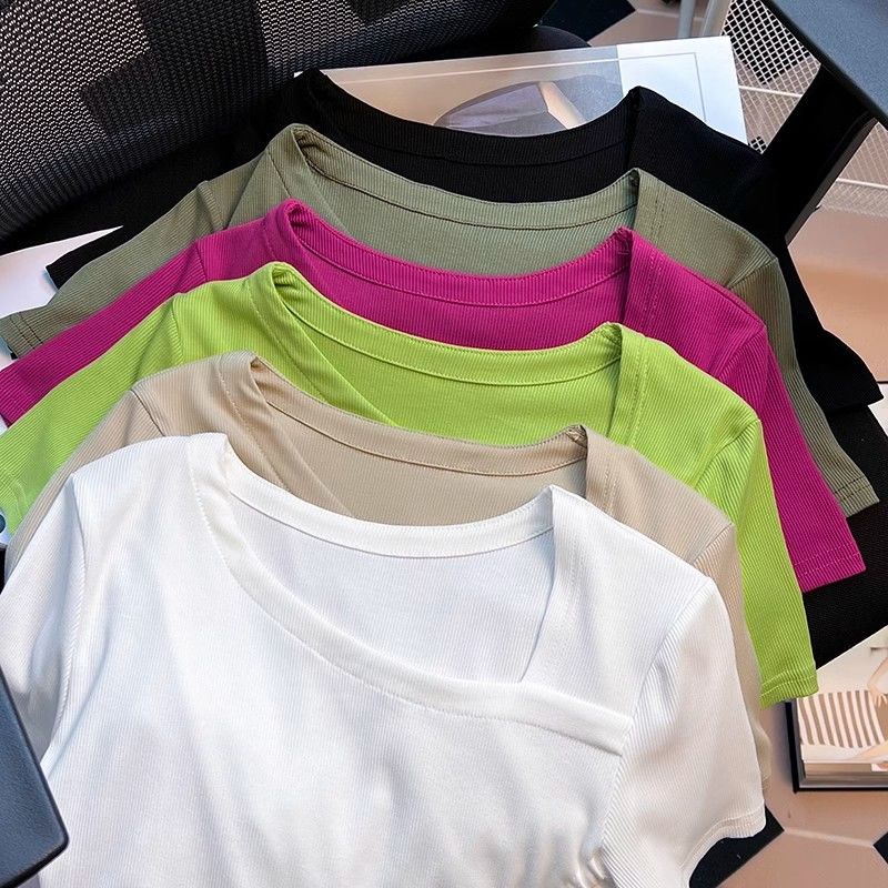 Áo Thun Tay Ngắn Phối Dây Rút Thiết Kế Lệch Tà Thời Trang Mùa Hè Cho Nữ