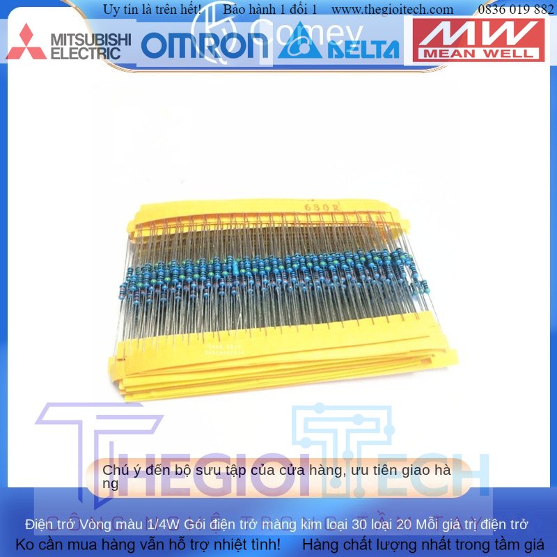 Điện Trở Vòng Màu 1/4W 1 100 Gói Điện Trở Kim Loại Chính Xác 30 Loại Điện Trở Thường Được Sử Dụng 20 Mỗi Loại Điện Trở
