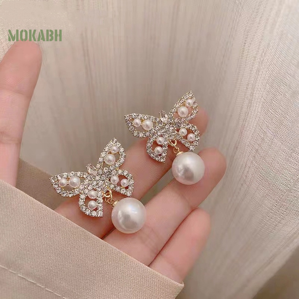 [Mới] 1 Cặp Bông Tai Thả Hình Bướm Rỗng Đính Kim Cương Giả Và Ngọc Trai Phong Cách Pháp Thanh Lịch