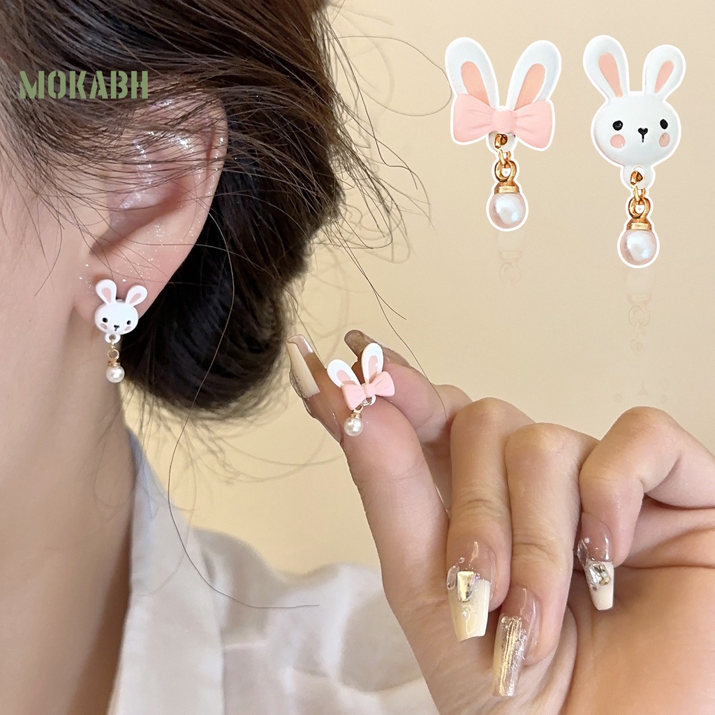1 Đôi Bông Tai Hình Thỏ Hồng Đính Ngọc Trai Giả Dễ Thương Dành Cho Tuổi Teen