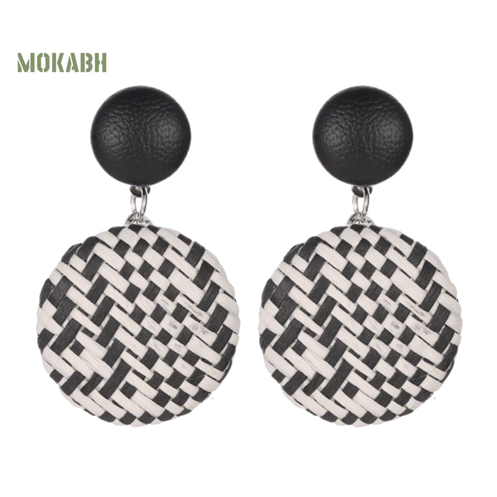 Bông Tai Tròn Bằng Rơm Dệt Phối Nút Phong Cách Boho Thời Trang Cho Nữ