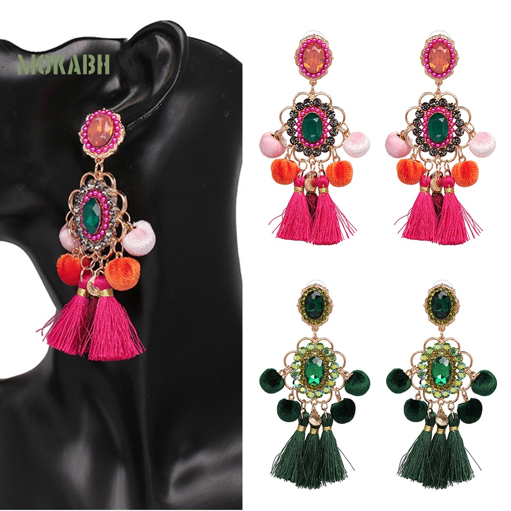 Bông Tai Hình Hoa Đính Đá Phối Tua Rua Thời Trang Cho Nữ