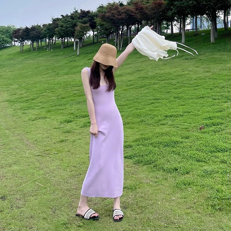 Đầm Hai Dây Dệt Kim Dáng Dài Cổ Vuông Màu Tím Thời Trang Mùa Hè Xinh Xắn Cho Nữ