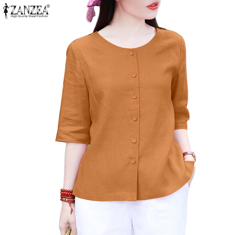 ZANZEA Áo Thun Nữ Tay Lửng Cổ Tròn Thời Trang Hàn Quốc