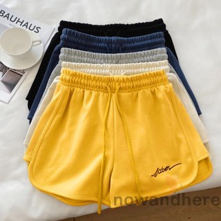 Quần short lưng cao co giãn phối dây rút thêu chữ thời trang mùa hè cho nữ