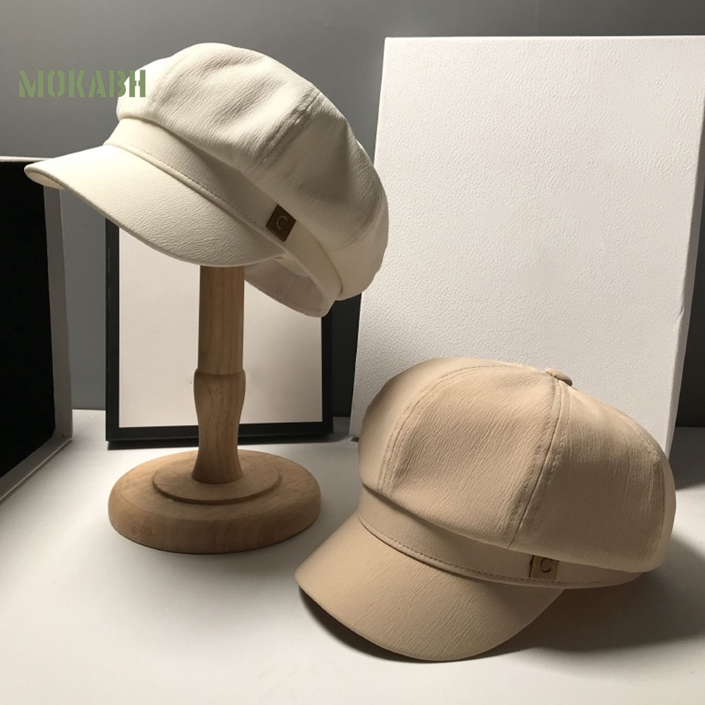Abh [Mok] Mũ Beret Màu Trơn Họa Tiết In Logo Vòm Tròn Vành Ngắn Thời Trang Cho Nữ
