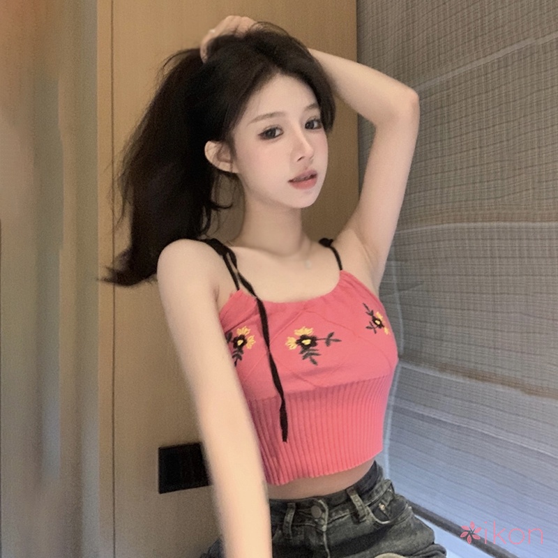 Áo Croptop Dệt Kim Hai Dây Thêu Hoa Phong Cách Hàn Quốc Quyến Rũ Cho Nữ