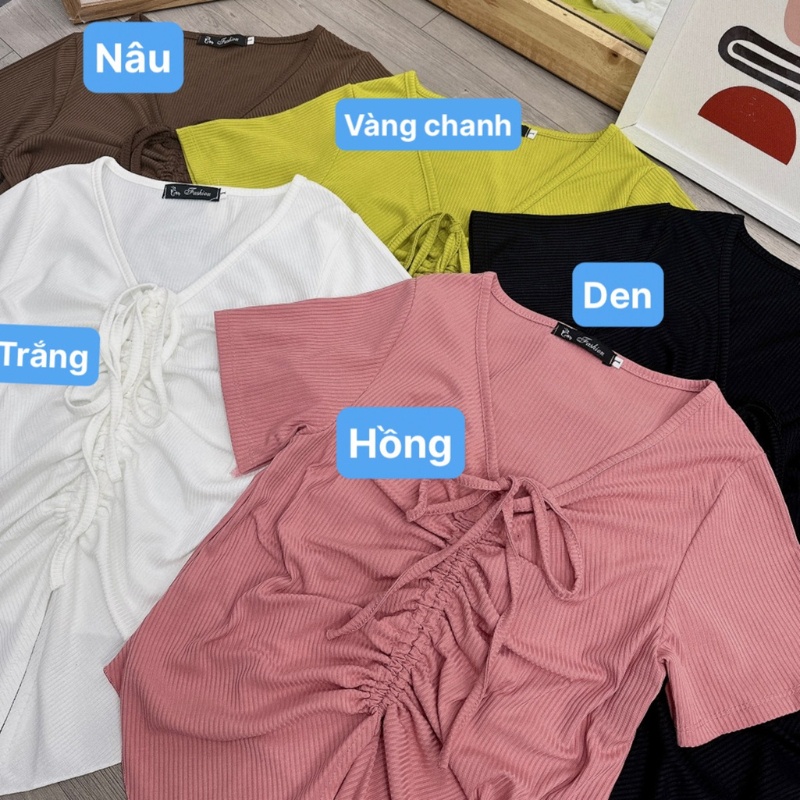 Áo thun croptop bigsize nữ tà nhọn cổ rút dây ở giữa tôn vòng một, Áo phông phom rộng chất gân tăm BIGSIZE CÔ NHỎ - G42
