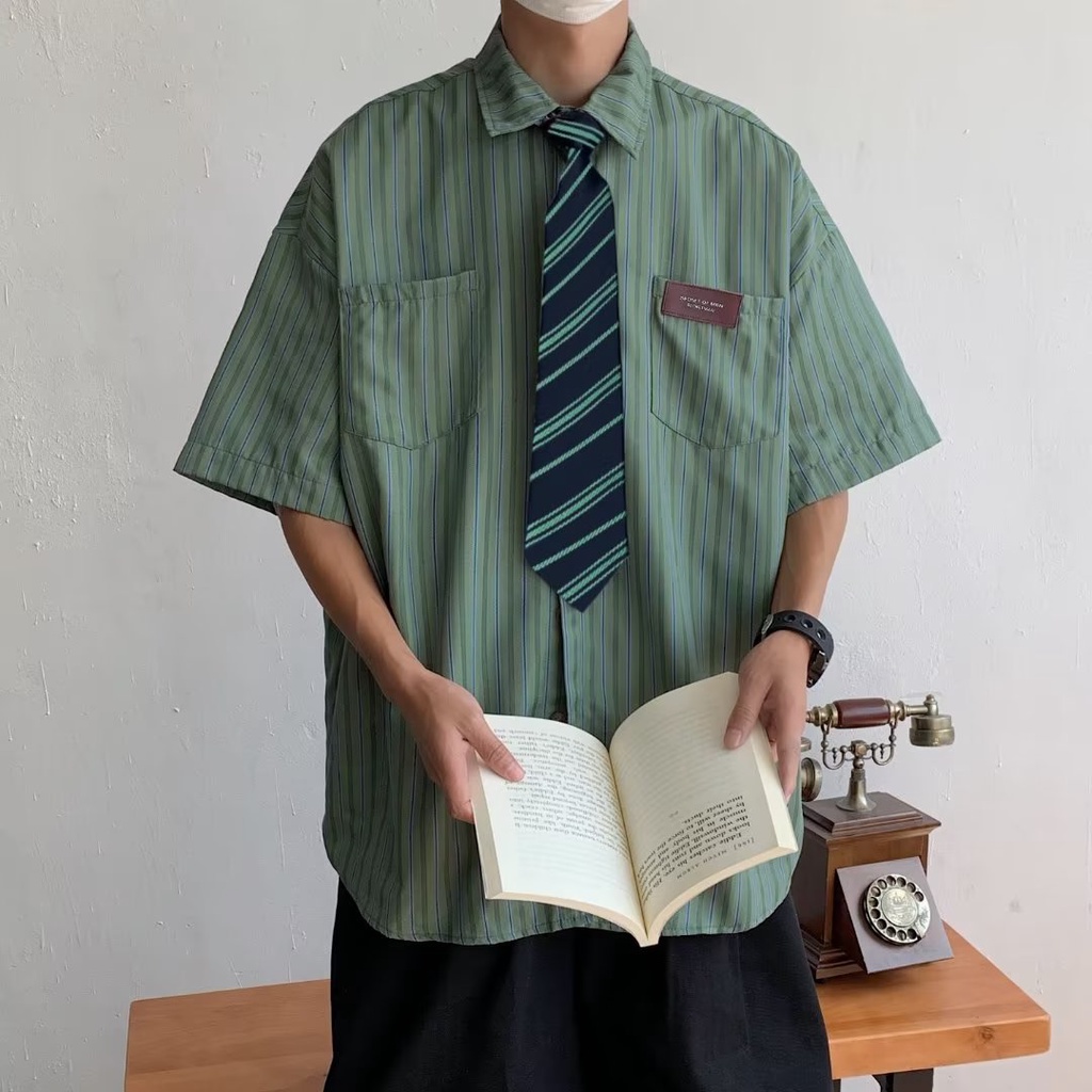 Áo Sơ Mi Tay Lửng Dáng Rộng Họa Tiết Kẻ Sọc Thời Trang Mùa Hè Cho Cặp Đôi