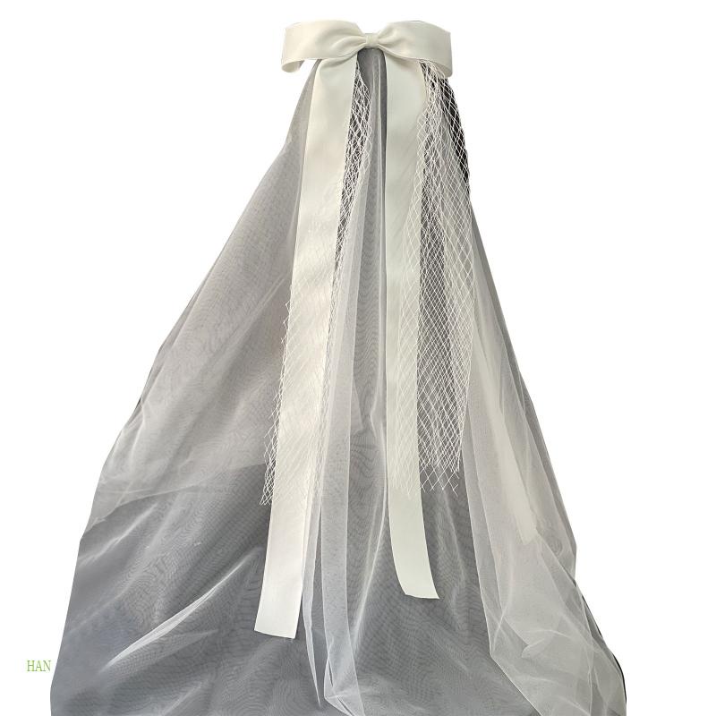 Mạng Che Mặt Vải Tuyn Trắng Ngà Đính Nơ Dài Trang Nhã Cho Cô Dâu