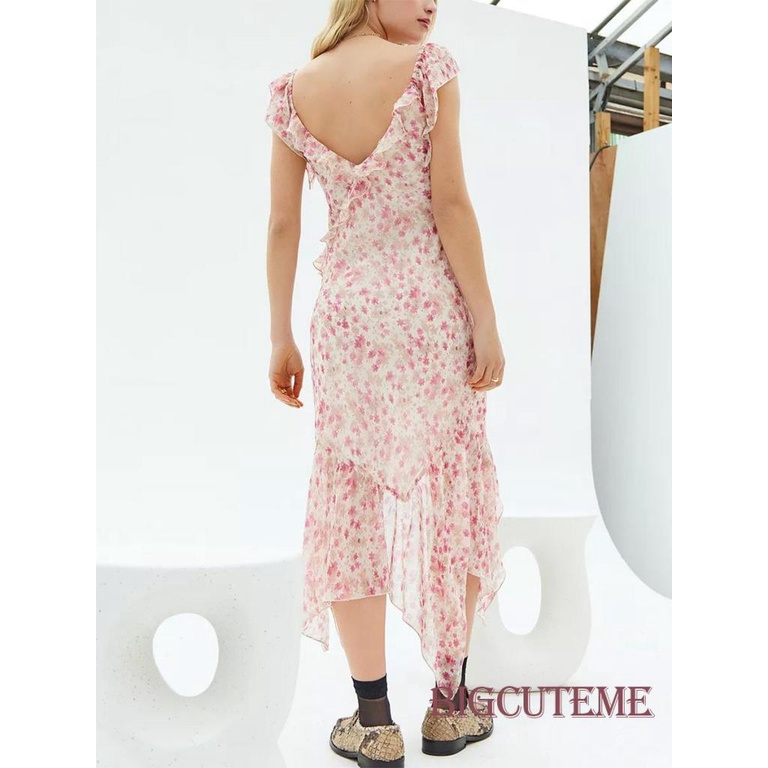 Đầm Midi Tay Ngắn Cổ Chữ V Màu Sắc Trơn In Họa Tiết Hoa Xinh Xắn Thời Trang Mùa Hè Cho Nữ