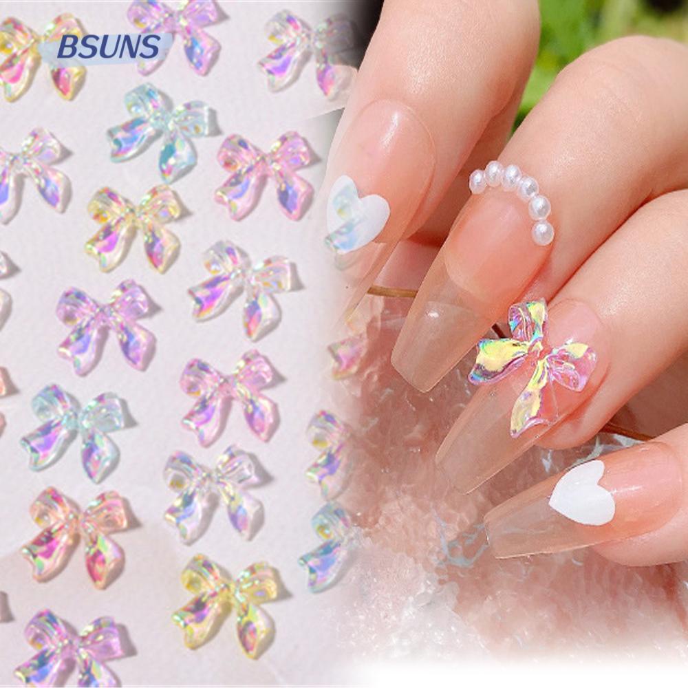 Bsuns Phụ Kiện Trang Trí Móng Tay Nghệ Thuật Trong Suốt Hình Nơ 3D Lấp Lánh