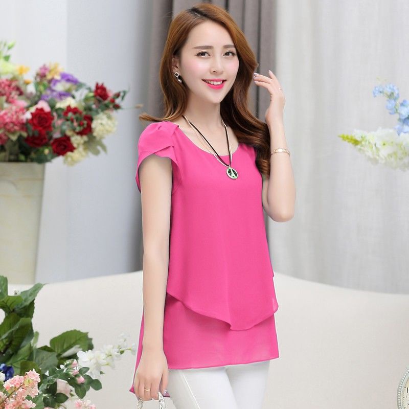 Áo Chiffon Tay Ngắn Cổ Tròn Dáng Rộng Thời Trang Mùa Hè Cho Nữ
