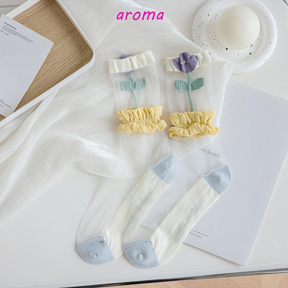Aroma Vớ Cotton Lưới Mỏng Thấm Hút Mồ Hôi Họa Tiết Hoa Tulip Nhỏ Tươi Mới