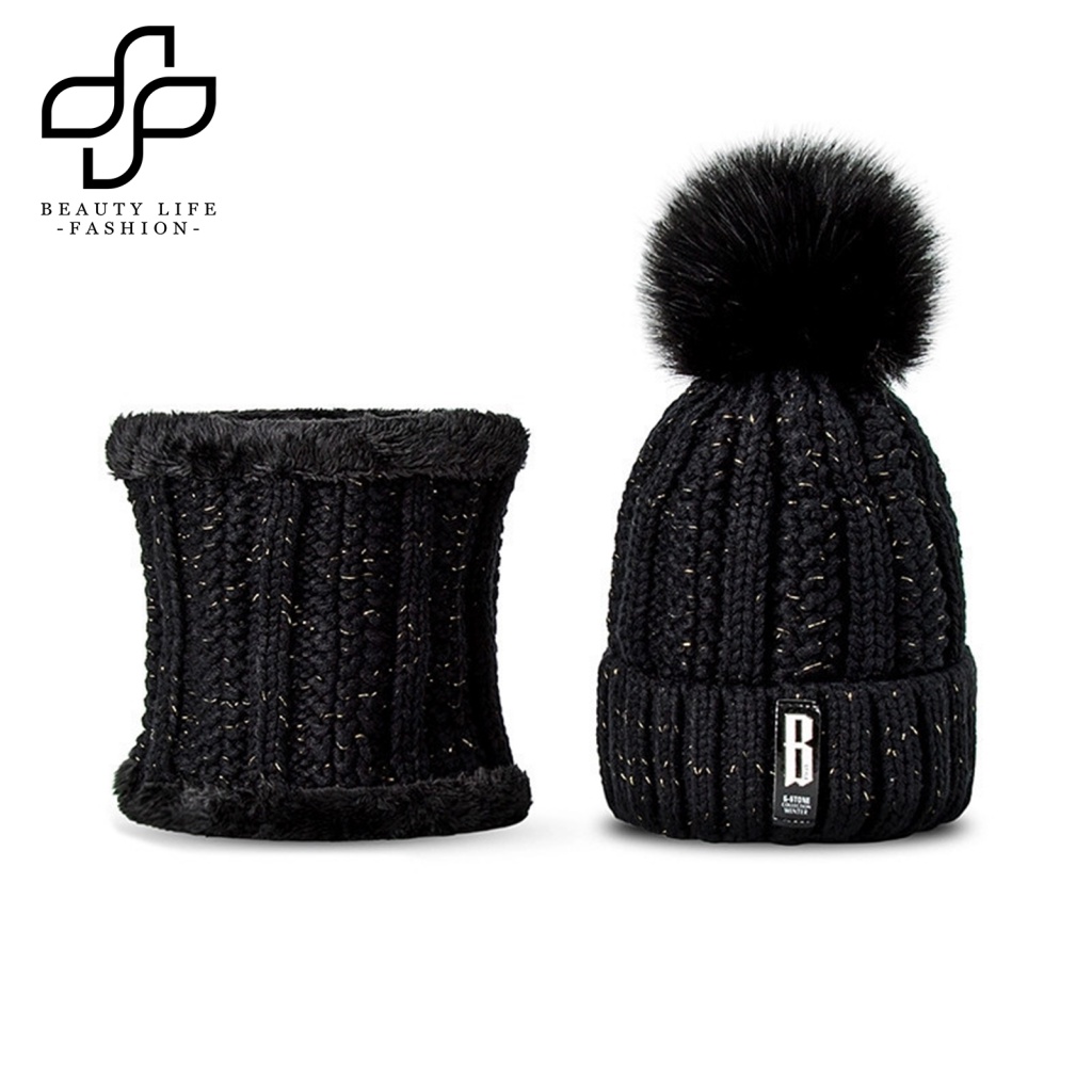 Mũ beanie Trùm Đầu Kèm Quả Cầu Bông Xinh Xắn Cho Nữ