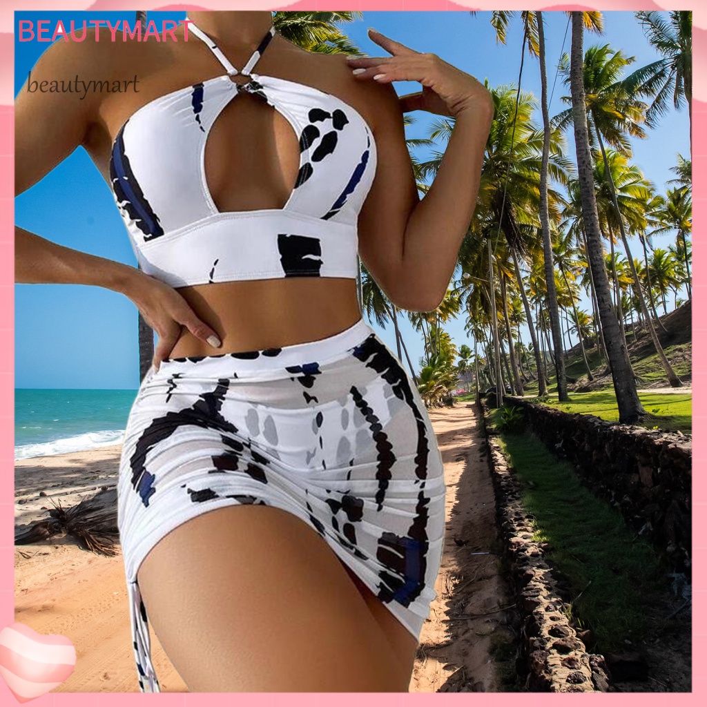 Bộ 3 Món Đồ Bơi Bikini Gồm Áo Lót Nâng Ngực Và Chân Váy Ren Hoa Quyến Rũ Cho Nữ