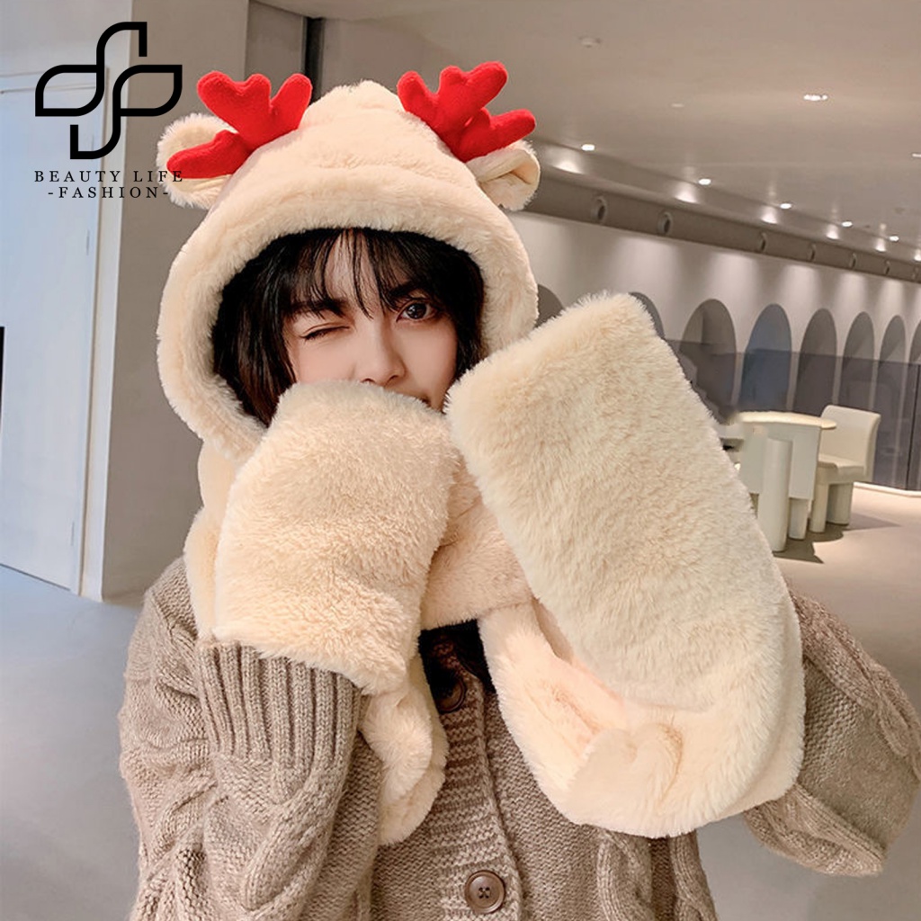 Khăn Choàng Cổ Dày Dặn 3 Trong 1 Có Túi Thiết Kế Sừng Hươu Không Găng Tay Tích Hợp Găng Tay Cho Hoạt Động Ngoài Trời