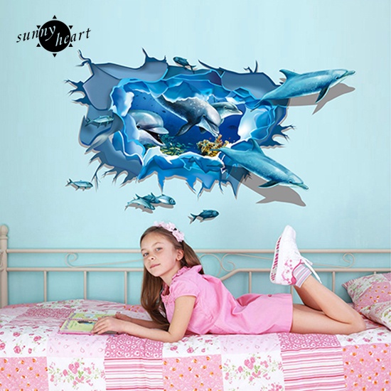Đề Can Dán Tường Trang Trí Hình Cá Heo 3D Sáng Tạo
