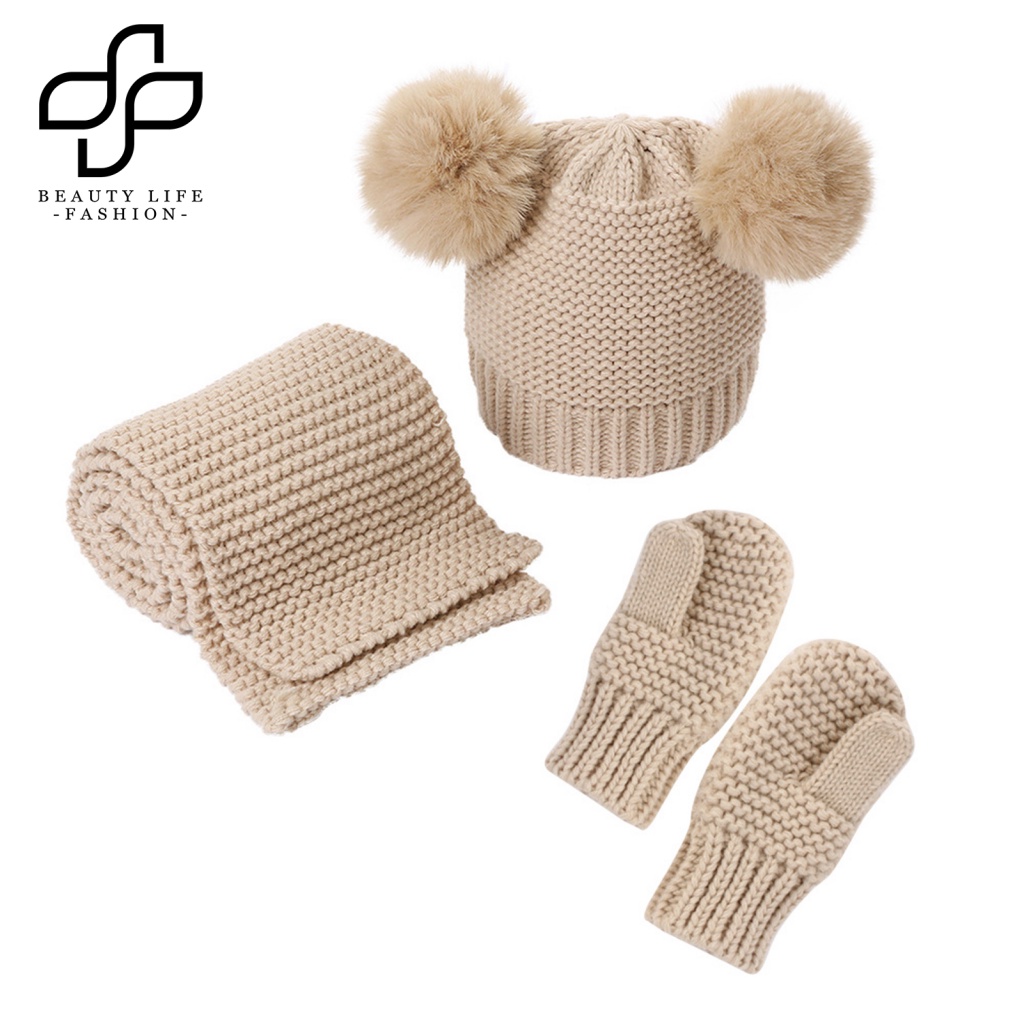 Bộ Nón + Găng Tay Dệt Kim Ấm Áp Màu Trơn Thời Trang Thu Đông Cho Bé