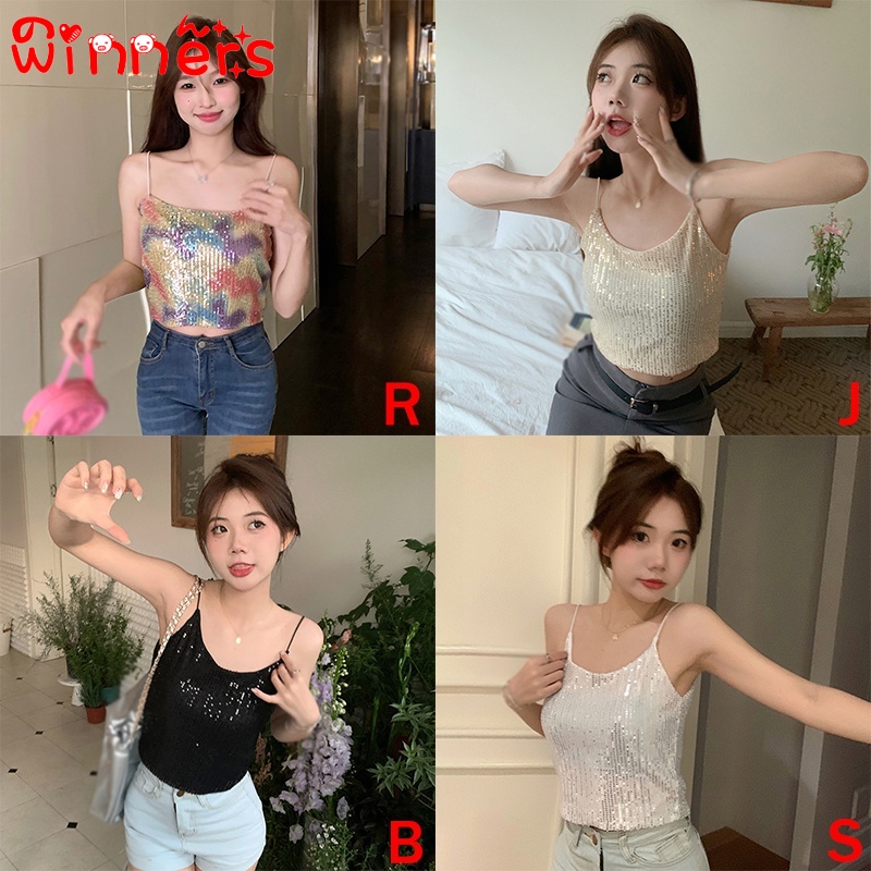 Áo Hai Dây Ngắn Lưng Đính Kim Sa Lấp Lánh Màu gradient Phong Cách Hàn Quốc Quyến Rũ