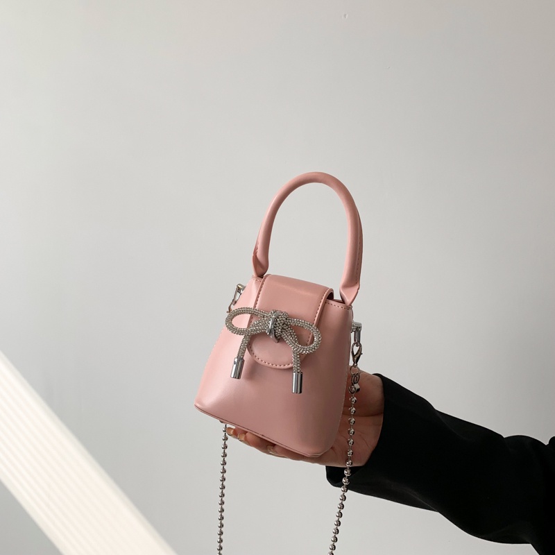 Ielgy Túi Xách bucket mini Đính Đá Kim Cương Giả Phối Nơ Phong Cách Pháp Cho Nữ