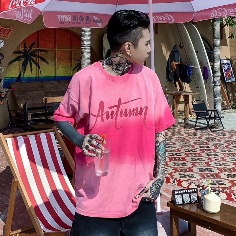 Áo Thun Cotton Ngắn Tay Dáng Rộng Nhuộm Màu Gradient Cá Tính Cho Nam 240G