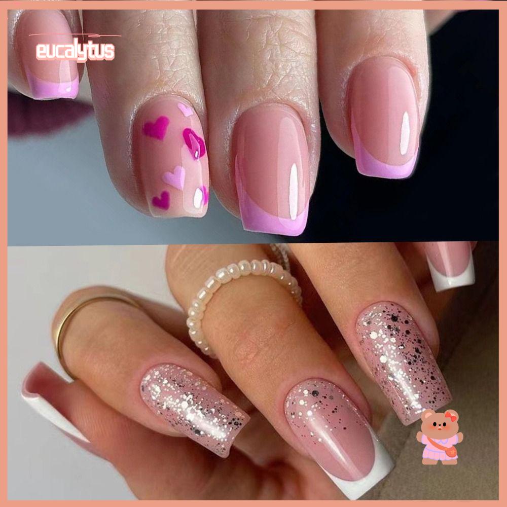 Set 24 Móng Tay Giả Có Thể Tháo Rời Viền Trắng DIY