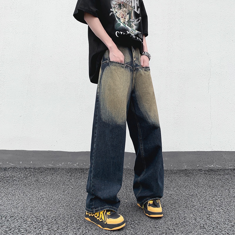 Quần Jean Dài Ống Rộng Phong Cách Retro Đường Phố Mỹ Cá Tính Cho Nam
