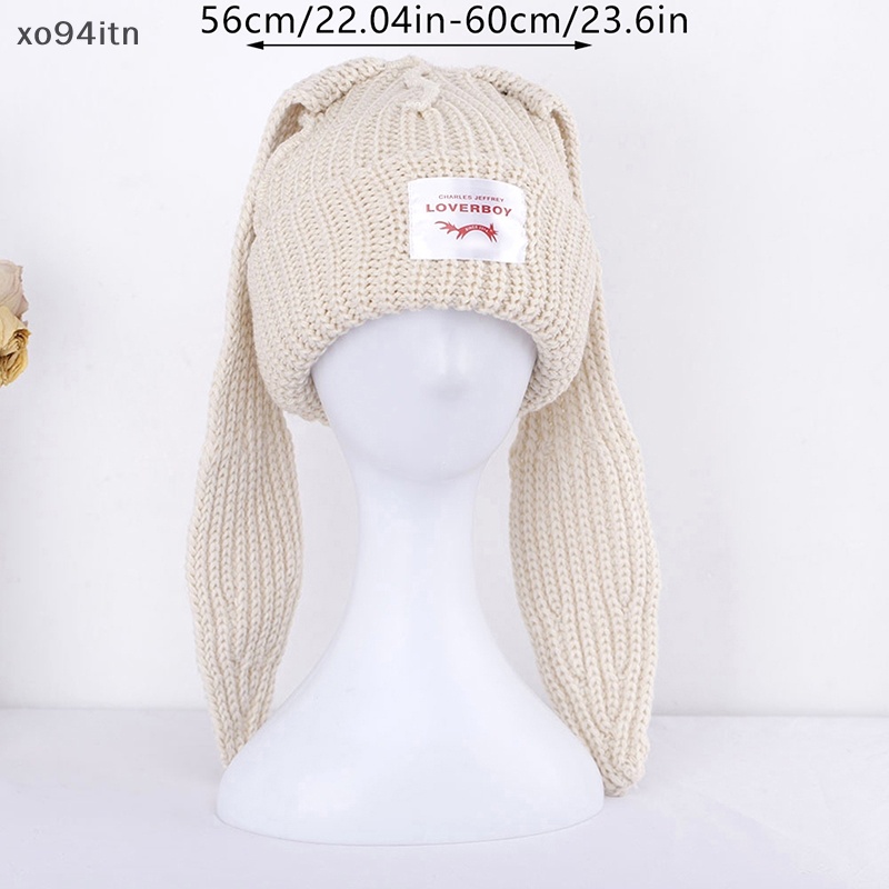 Mũ Beanie Dệt Kim Đính Tai Thỏ Dài Giữ Ấm Tai Thời Trang Unisex