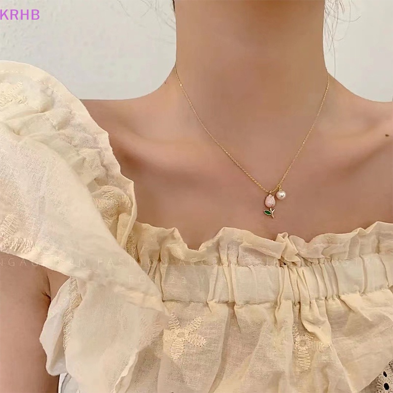 Vòng cổ Mặt Hoa Tulip Đính Ngọc Trai Đơn Giản Phong Cách Âu Mỹ Mới