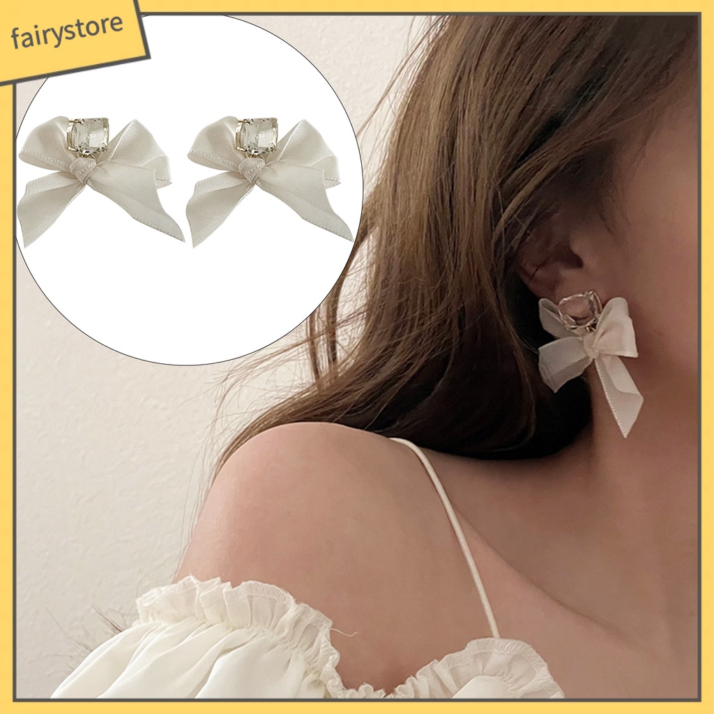 1 Đôi Bông Tai Dài Hình Nơ Bằng Vải Đính Đá Ngọt Ngào Dành Cho Nữ