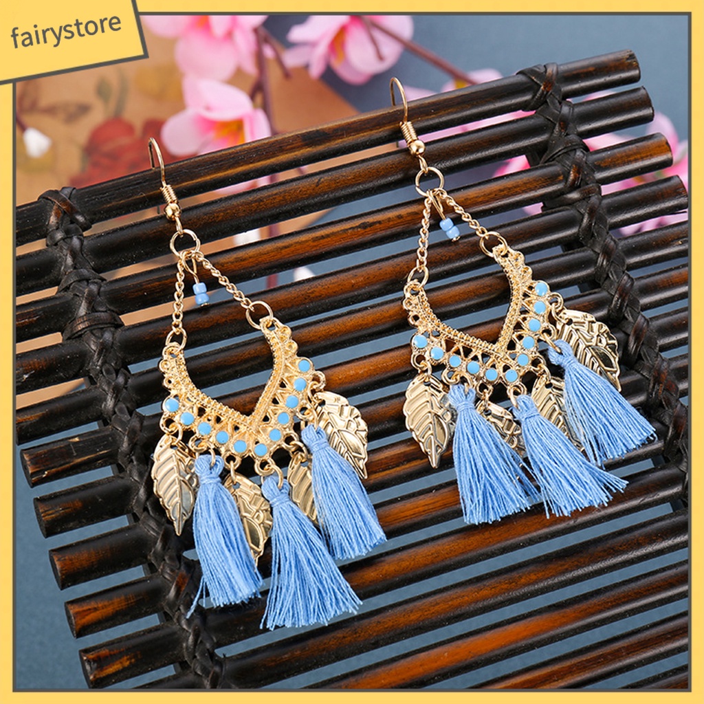 1 Đôi Bông Tai Móc Hình Chiếc Lá Tua Rua Dáng Dài Phong Cách Vintage