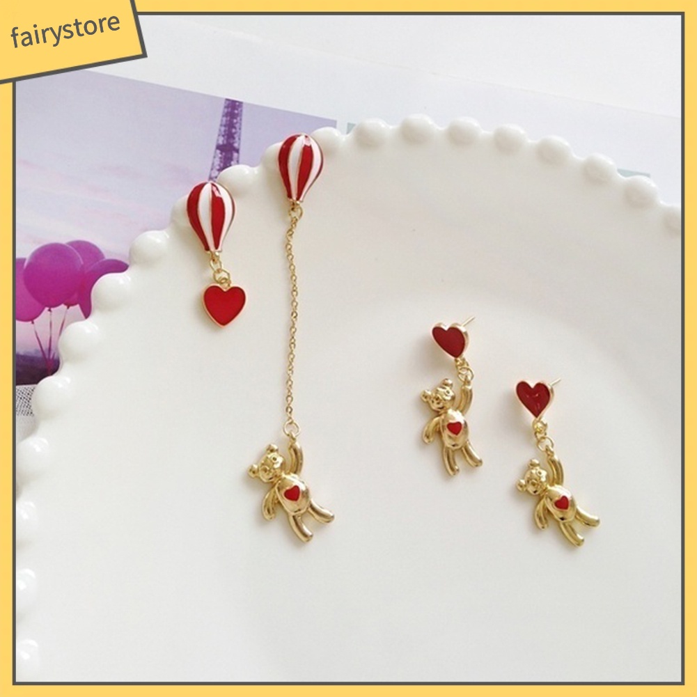 [FRO] Khuyên Tai Bất Đối Xứng Hình Khinh Khí Cầu Trái Tim Gấu Ngọt Ngào Cho Nữ