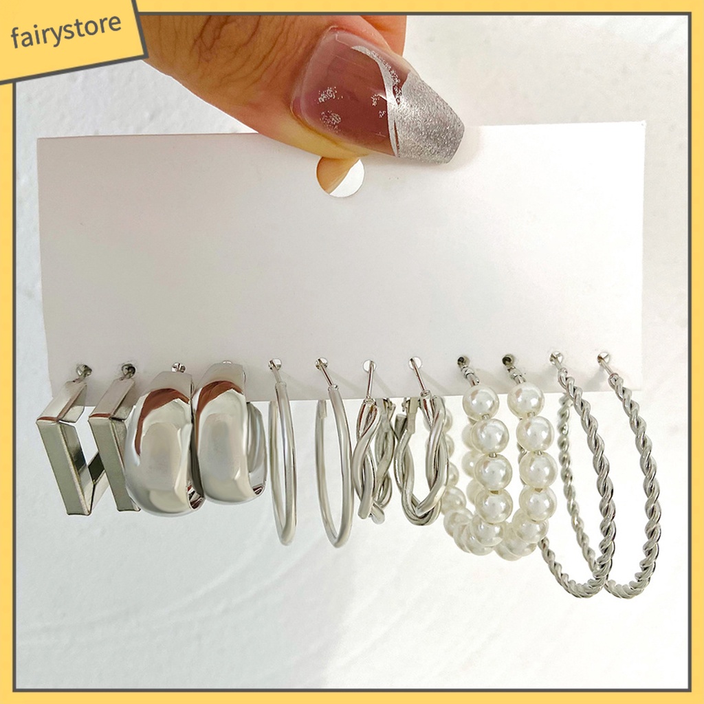 Set 6 Đôi Bông Tai Dạng Vòng Hình Chữ C Đính Ngọc Trai Nhân Tạo Thời Trang Dành Cho Nữ