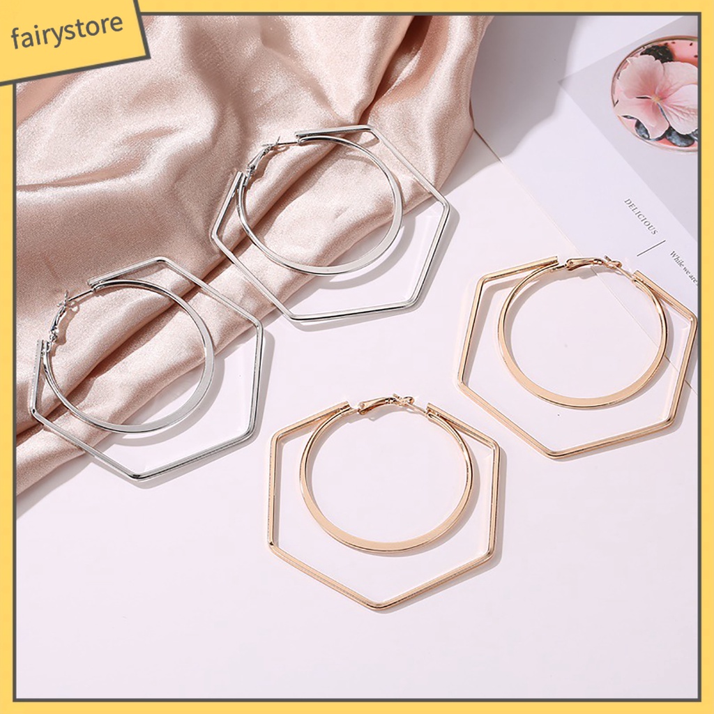 1 Đôi Bông Tai Hình Lục Giác / Tròn Lớn Độc Đáo Thời Trang Cho Nữ