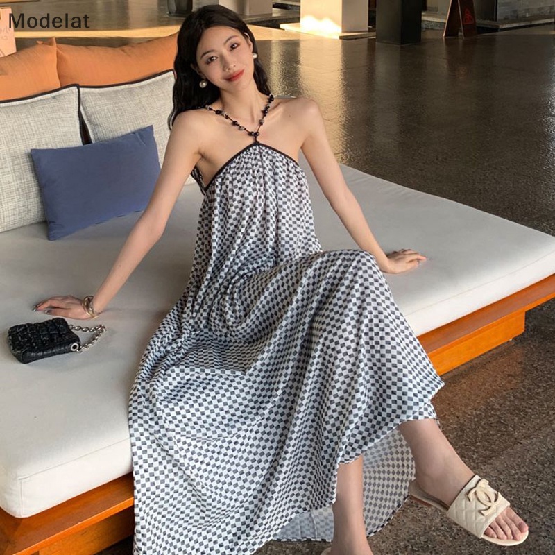 Đầm Chiffon Hai Dây Hở Lưng Họa Tiết Sọc Caro Phong Cách Boho Quyến Rũ Cho Nữ