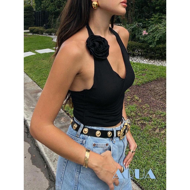 Áo Hai Dây Croptop Ôm Dáng Màu Trơn In Họa Tiết Hoa 3D Mùa Hè Cho Nữ