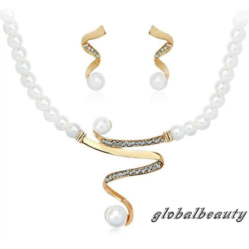 Bộ Vòng cổ + Bông Tai Đính Ngọc Trai Nhân Tạo Kiểu Hở Đính Đá Sang Trọng Cho Nữ