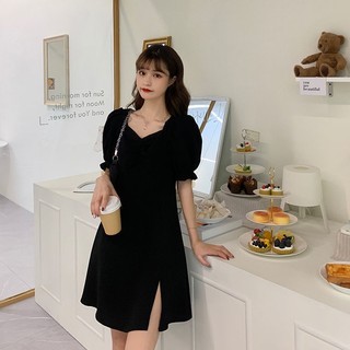 Đầm Đen Dáng Chữ a Cổ Vuông Thiết Kế Xẻ Tà Chiết Eo Phong Cách Pháp Thời Trang Cho Nữ