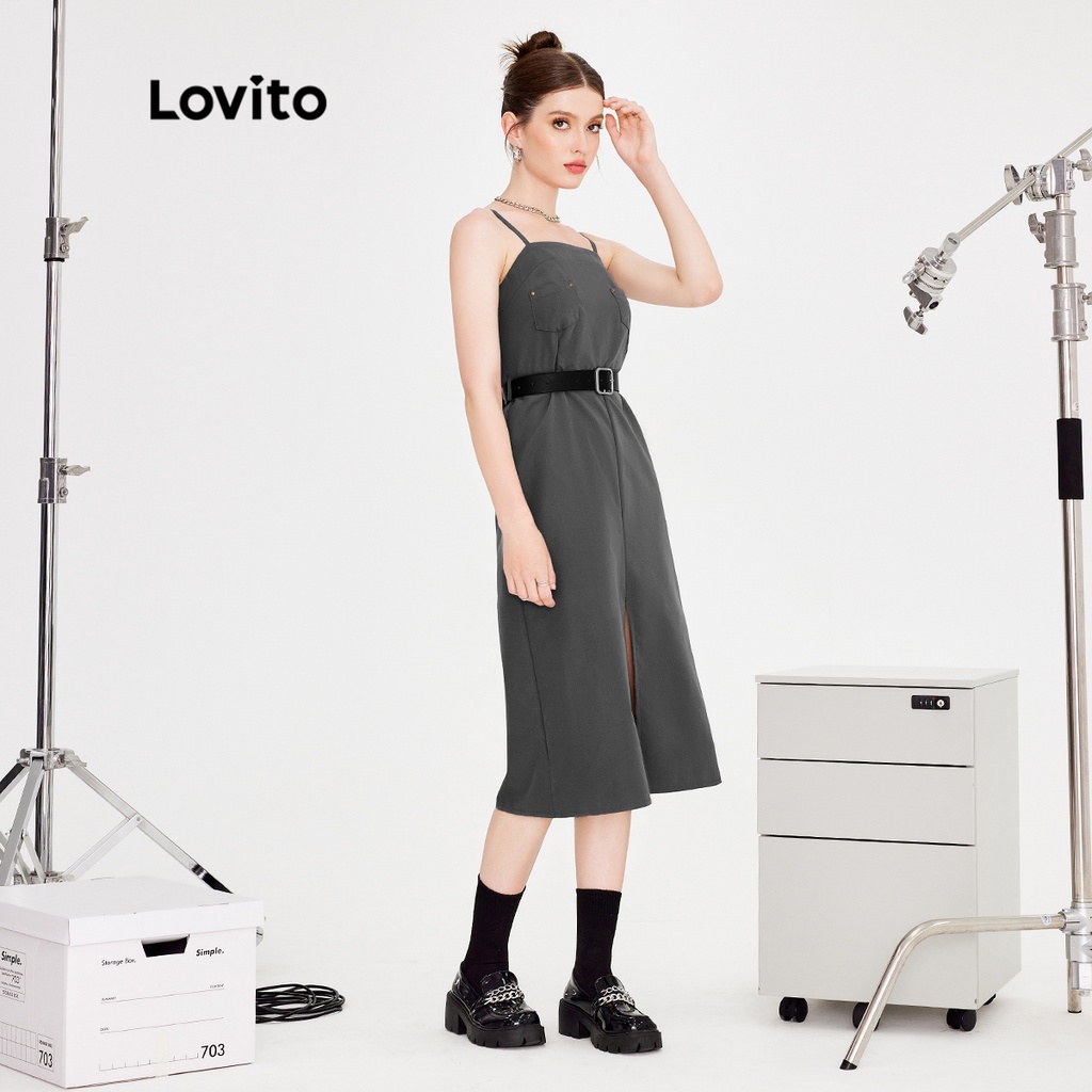 Đầm Lovito xẻ tà phối túi thắt lưng màu trơn thường ngày cho nữ L51ED117 (màu xám đậm)
